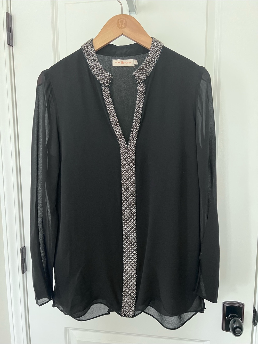Tory Burch Black Silk Beaded Blouse Size 10